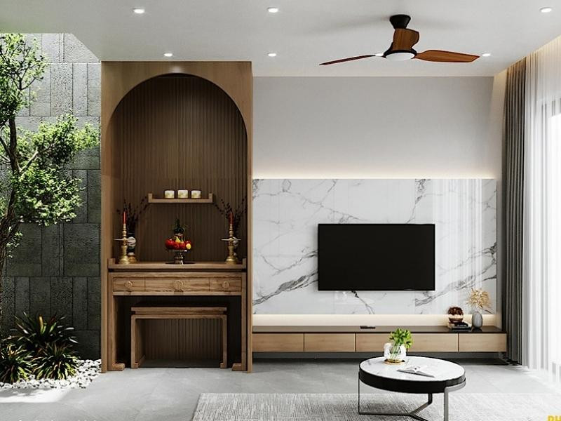 Mẫu tủ thờ kết hợp kệ tivi dạng vòm tối giản